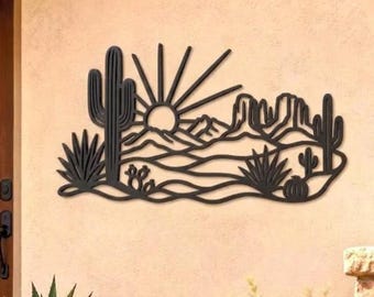 Southwestern Desert Landscape Metal Wall Art, Saguaro Cactus Rustic Metal Wall Decor,  Boho Arizona Mountain Silhouette, Ranch House Sign