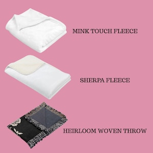 May include: Three blankets are displayed against a pink background. The top blanket is white, labeled "Mink Touch Fleece." The middle blanket is white with a cream-colored edge, labeled "Sherpa Fleece." The bottom blanket is a black and gray woven throw with fringe, labeled "Heirloom Woven Throw."