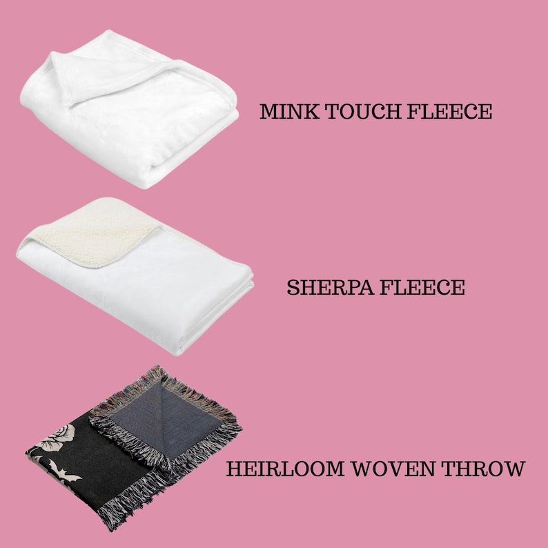 May include: Three blankets are displayed against a pink background. The top blanket is white, labeled "Mink Touch Fleece." The middle blanket is white with a cream-colored edge, labeled "Sherpa Fleece." The bottom blanket is a black and gray woven throw with fringe, labeled "Heirloom Woven Throw."