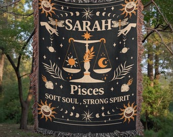 Personalized Pisces Zodiac Throw Blanket, Custom Cotton Woven Blanket