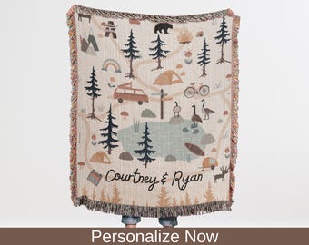 Camping Blanket for Couples, Personalized Outdoor Couple Camping Woven Throw, Outdoorsy Nature Lovers Cottagecore, Custom Wedding Blanket