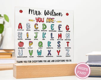 May include: A clear acrylic sign with a wooden base. The sign features the text "Mrs. Wilson YOU ARE" above an alphabet with positive adjectives. Red strawberries and colorful pencils decorate the sign. The text "THANK YOU FOR EVERYTHING YOU ARE AND EVERYTHING YOU DO" is at the bottom.