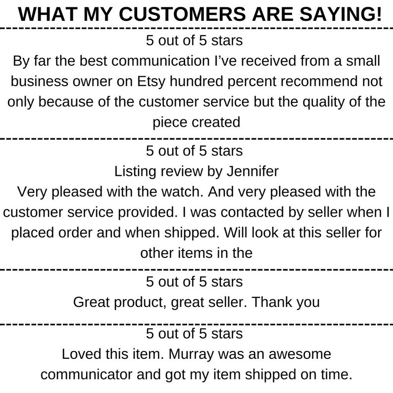 May include: A screenshot of customer reviews for a product on Etsy. The reviews are all positive, with each customer giving a 5 out of 5 star rating. The reviews highlight the seller's excellent communication, customer service, and product quality.