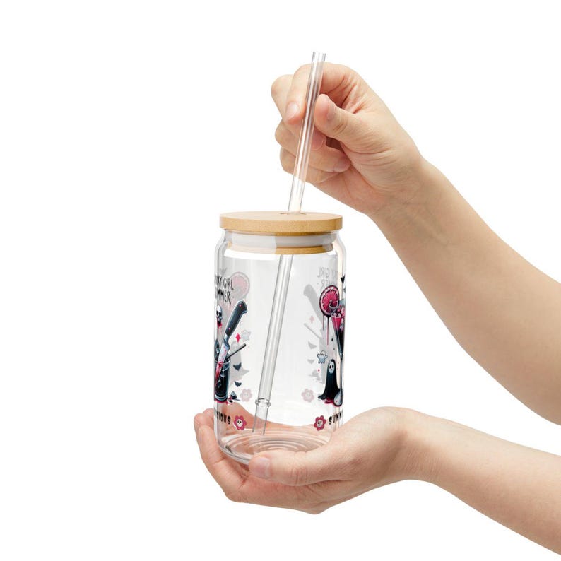 Summerween Vibes Spooky Girl Summer Ice Coffee Cup, Summerweenlicious Iced Coffee Glass Sipper Cup Gift For Best Friend, Summer Goth Tumbler image 5