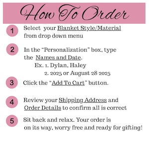 May include: A pink and white graphic with the words "How To Order" in elegant script. Instructions are numbered 1-5, detailing how to select a blanket style, personalize with names and a date, and add to cart.