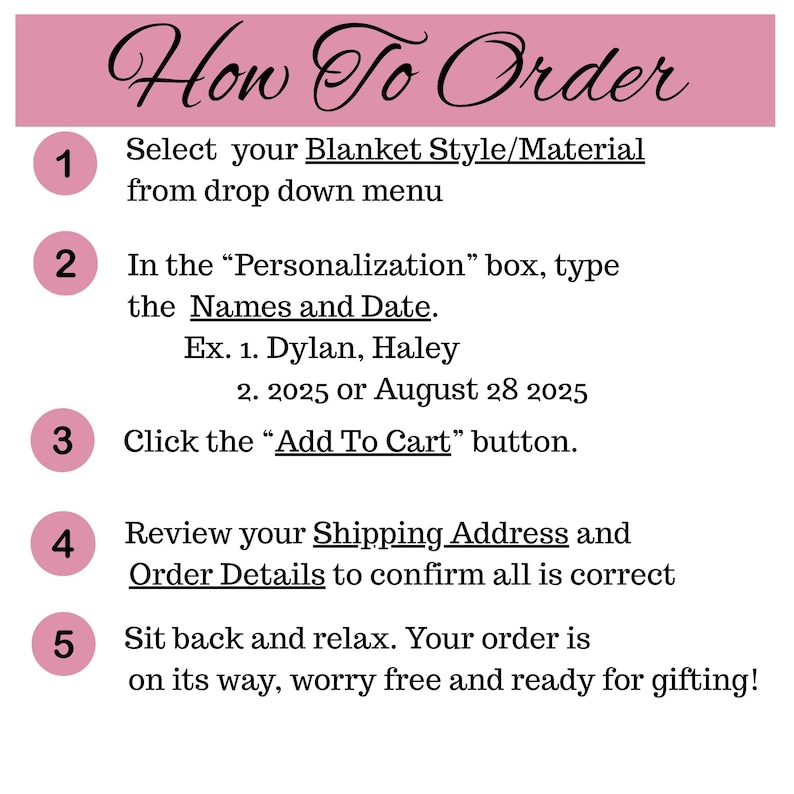 May include: A pink and white graphic with the words "How To Order" in elegant script. Instructions are numbered 1-5, detailing how to select a blanket style, personalize with names and a date, and add to cart.