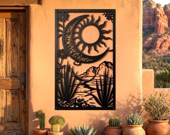 Southwestern Desert Sun and Moon Harmony Metal Wall Art, Arizona Sedona Decor, Boho Rustic South Western Art, Ranch House Outdoor Patio Sign