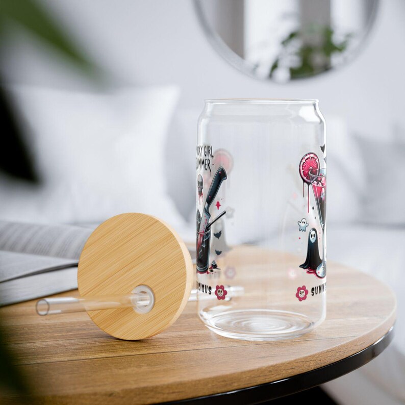 Summerween Vibes Spooky Girl Summer Ice Coffee Cup, Summerweenlicious Iced Coffee Glass Sipper Cup Gift For Best Friend, Summer Goth Tumbler image 7
