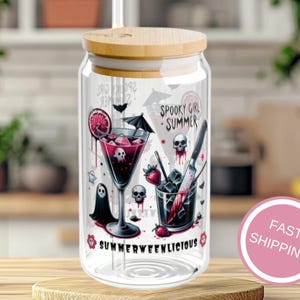 Summerween Vibes Spooky Girl Summer Ice Coffee Cup, Summerweenlicious Iced Coffee Glass Sipper Cup Gift For Best Friend, Summer Goth Tumbler