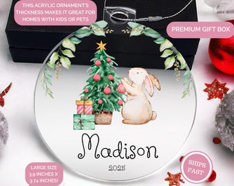 Baby Girls Christmas Ornament, Custom Girls First Christmas Bunny Ornament, Personalized New Baby Girls Gift, Babys 1st Christmas Ornament