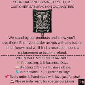 May include: Black throw blanket featuring a skeleton couple design with the text "Til Death Do Us Part" and the names "John & Emma". The blanket has a fringed edge and is displayed against a pink background.