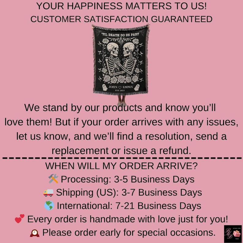 May include: Black throw blanket featuring a skeleton couple design with the text "Til Death Do Us Part" and the names "John & Emma". The blanket has a fringed edge and is displayed against a pink background.