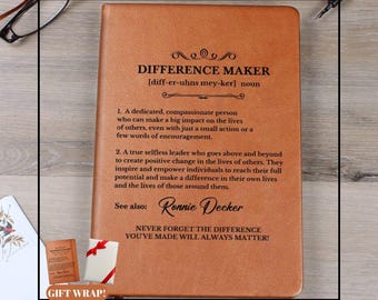 Personalized Difference Maker Journal, Coworker Gifts, Mentor Gift, Custom Employee Recognition, Retirement Gift, Boss Appreciation Notebook
