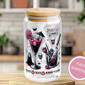Summerween Vibes Spooky Girl Summer Ice Coffee Cup, Halloween Summer Iced Coffee Glass Sipper Cup Gift For Best Friend, Summer Goth Tumbler
