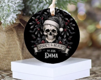 Personalized Gothmas Ornament, Skeleton Ceramic Ornament, Christmas Keepsake, Gift Box and Ribbon, Custom Gothic Christmas Ceramic Ornament