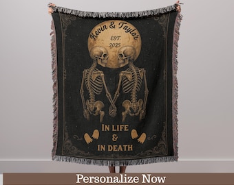 Skeleton Couple Blanket, Personalized Skeleton Lovers Wedding Throw Blanket, Spooky Couple Halloween Gift, Goth Valentines, Anniversary Gift