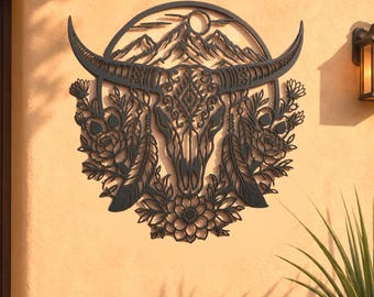 Southwest Desert Longhorn Metal Wall Art, Arizona Desert Sunset with Texas Longhorn, Western Ranch Wall Art, Outdoor Patio Home Decor Gift