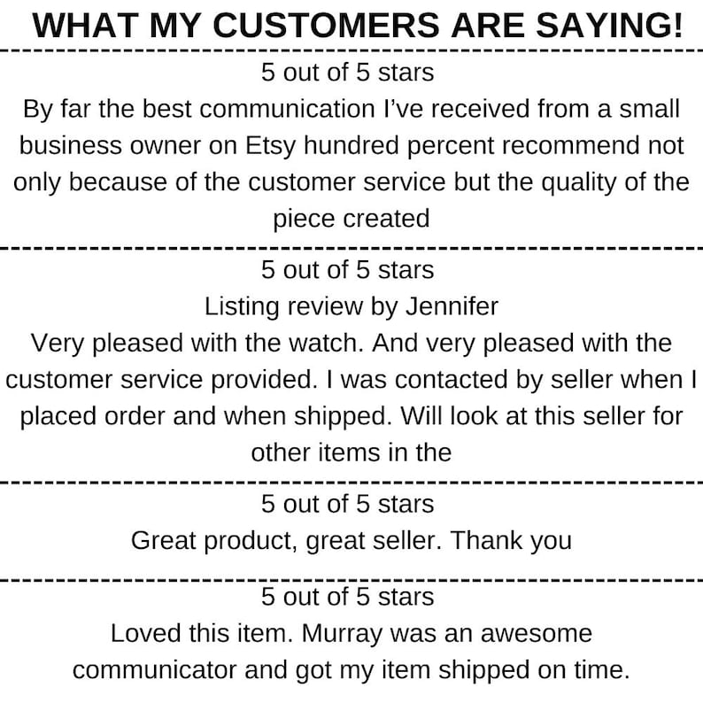 May include: Image displays customer reviews with a 5-star rating. Text includes positive feedback on communication, product quality, and customer service. Reviews mention a watch and prompt shipping.