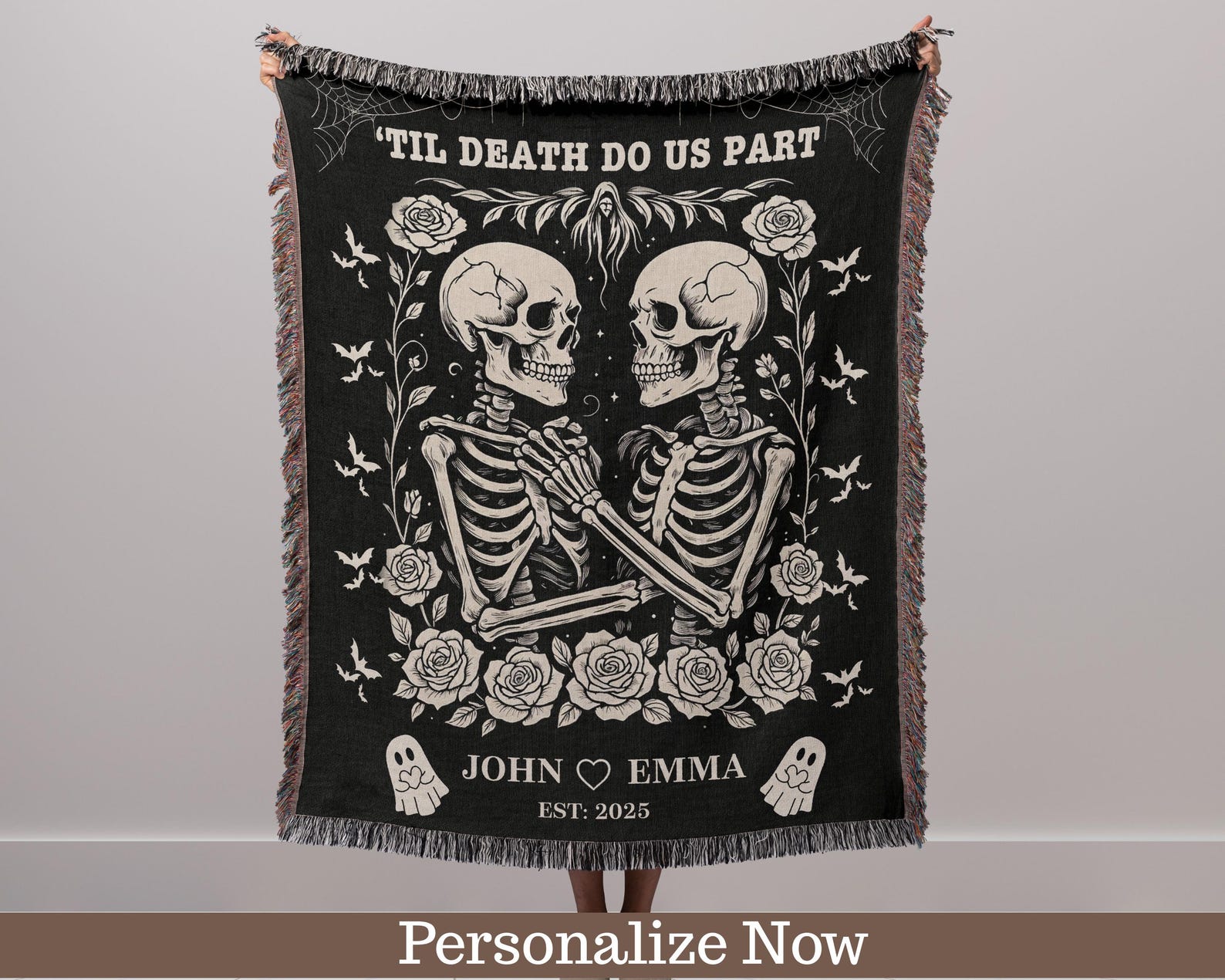 Skeleton Couple Till Death Blanket, Personalized Skeleton Lovers Wedding Blanket, Spooky Goth Couple Halloween Gift, Valentines, Anniversary - Heirloom Woven Throw 50" x 60"