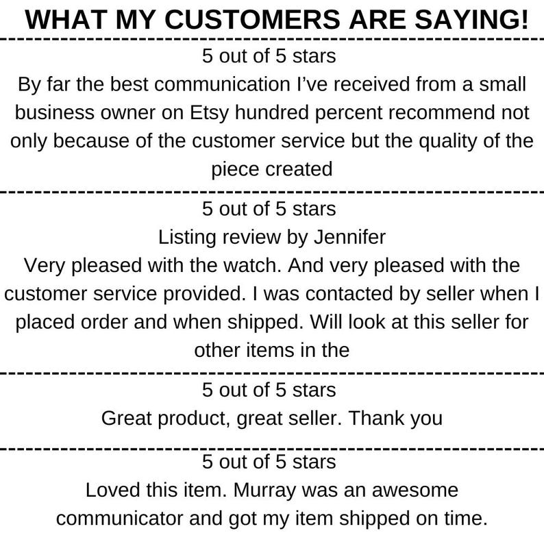 May include: A screenshot of customer reviews for a product on Etsy. The reviews are all positive, with each customer giving a 5 out of 5 star rating. The reviews highlight the seller's excellent communication, customer service, and product quality.