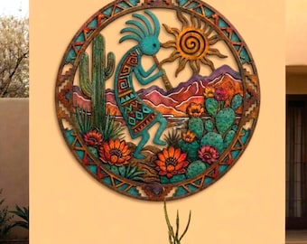 Kokopelli Metal Wall Art, Southwest Cactus Garden Wall Hanging, Turquoise Native American Decor, Boho Decor, Southwestern Rustic Home Decor