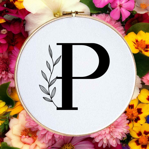 Decorative LETTER P, Embroidery PDF Pattern, Botanical Alphabet, Hand Embroidery Design, Floral Monogram Template, Instant Digital Download