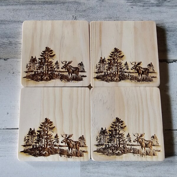 Sous-verres en bois d’orignal gravés au laser