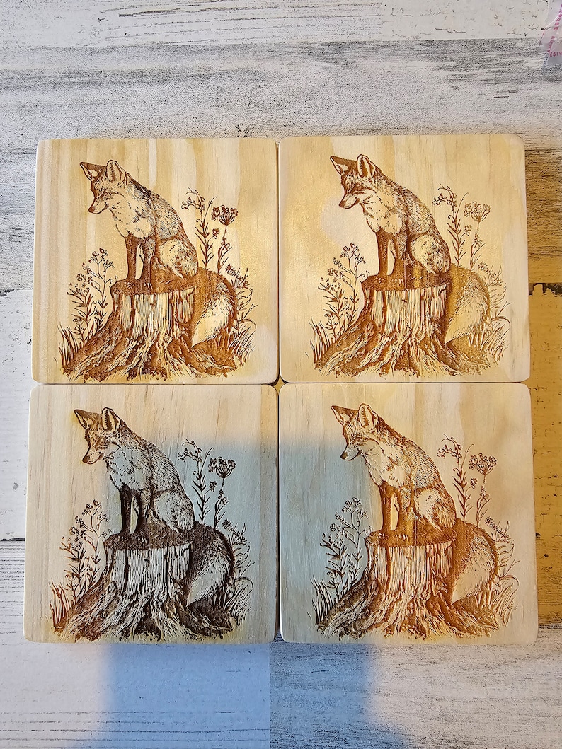 Laser Engraved Fox Wooden Coasters - Etsy