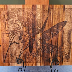 Laser engraved Humming bird with flower Teak wood charcuterie board or cutting board