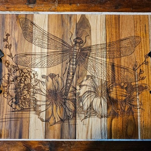 Laser engraved Dragonfly on flowers wood charcuterie board or cutting board