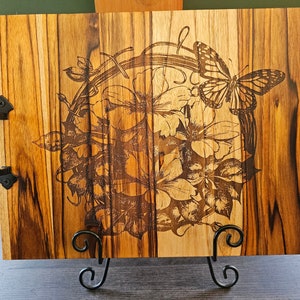 Laser engraved Butterfly Wreath Teak wood charcuterie board or cutting board