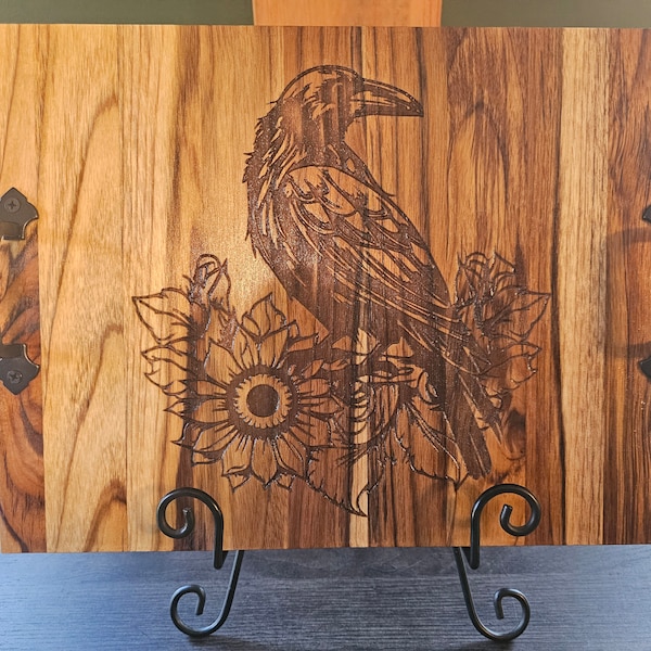 Laser engraved Crow Teak wood charcuterie board or cutting board