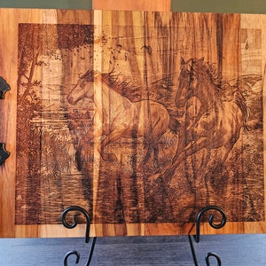 Laser engraved Horses running Teak wood charcuterie board or cutting board