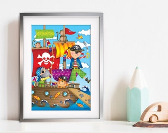 Ahoy Shipmates – Children's Colourful Bedroom Nursery Pirates Illustration A4 Art Print