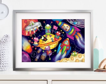 Silly Space Aliens – Children's Colourful Bedroom Nursery Illustration A4 Art Print