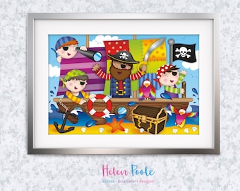 Swashbuckling Pirates – Children's Colourful Bedroom Nursery Illustration A4 Art Print