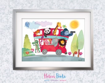 The Big Red Zoo Bus – Children's Colourful Bedroom Nursery Illustration A4 Art Print