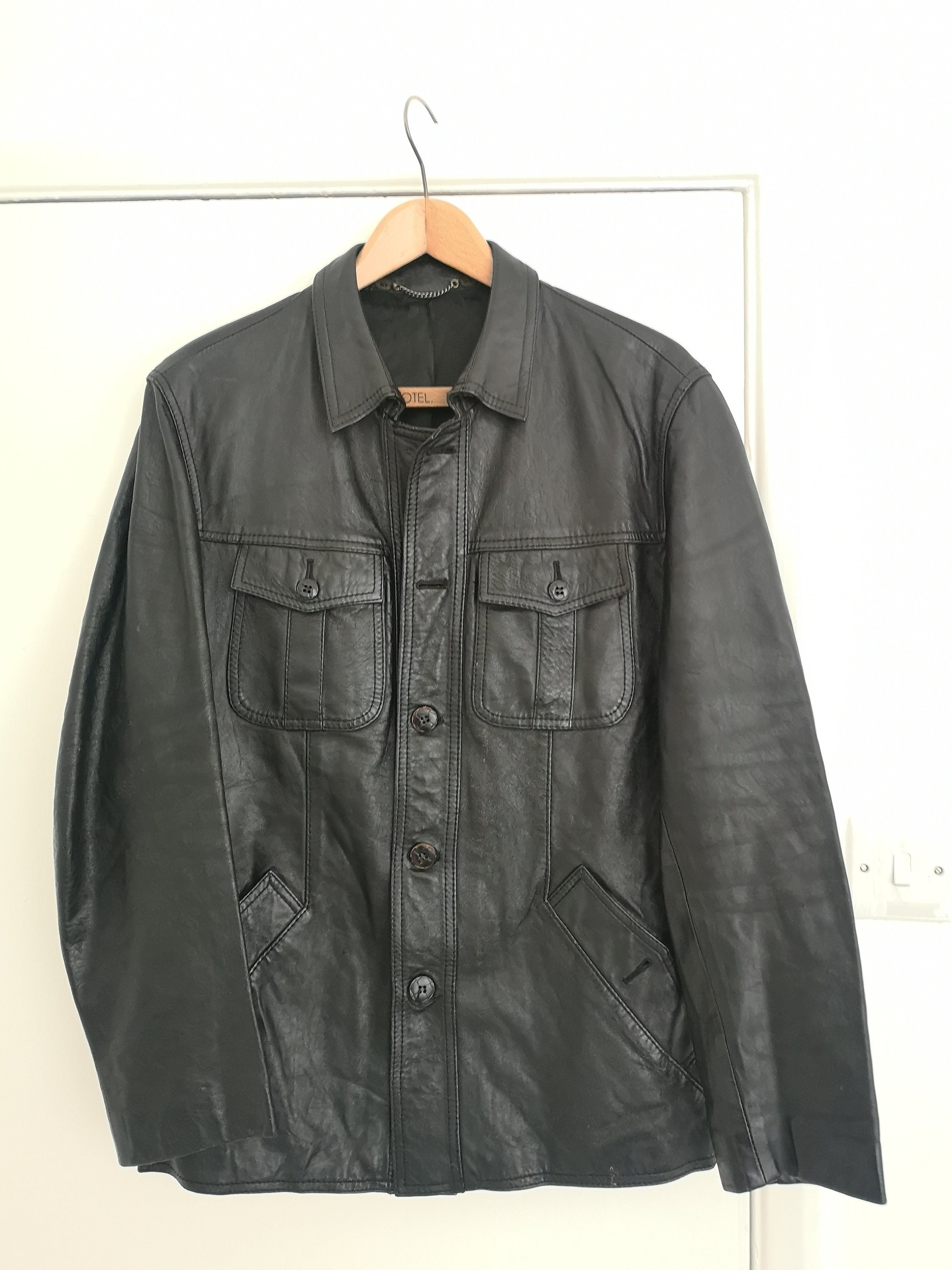 Vintage 70s men's black leather jacket size 46. | Etsy