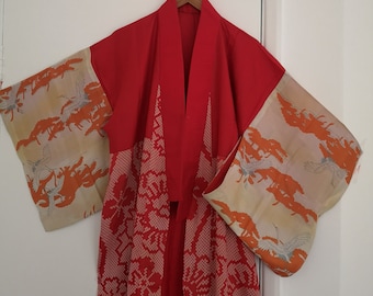 Vintage Japanese juban kimono in red silk fabric/ beige (print)