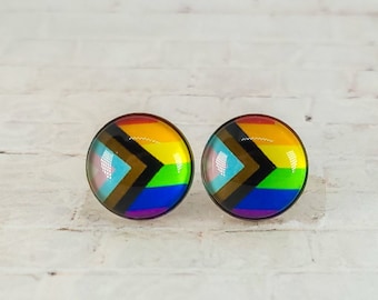 Progress Pride Earrings | 12MM Stud Earrings | LGBTQ+ Pride Gift | Pride Month Jewelry | Handmade Earrings | Gift for Her