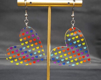 Valentine's Day Earrings, Acrylic, Rainbow Heart Earrings, Heart ShapeEarrings, Pride Earrings, Gifts for Her, Boho Earrings,, Love Earrings