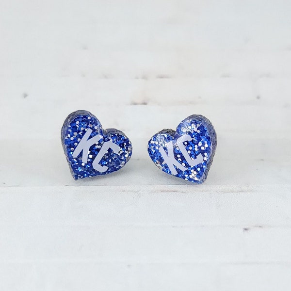 Kansas City Royals Earrings, Heart Glitter Acrylic Studs, KC Royals Studs, KC Studs, KC Earrings, Kansas City Earrings, Kansas City Studs