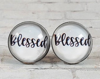 Blessed Earrings, 12MM, Blessed Studs, Statement Earrings, Fun Earrings, Word Earrings, Blessed Stud Earrings, Inspirational Earrings