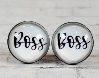 Boss Earrings, 12MM, Boss Studs, Statement Earrings, Fun Earrings, Word Earrings, Boss Stud Earrings, Boss Jewelry, Gifts for Her