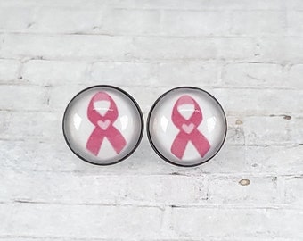 Breast Cancer Awareness Earrings, Pink Ribbon with Heart, 12mm Studs, Breast Cancer Awareness, Breast Cancer Ribbon, Breast Cancer Jewelry