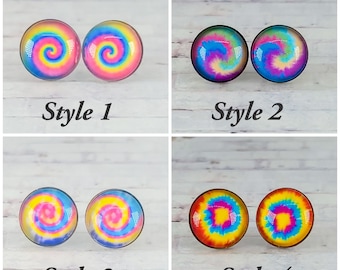 Tie Dye Studs, 12MM, Tie-Dye Earrings, Hippie Earrings, Rainbow Swirl, Tie Dye Stud Earrings, BOHO Earrings, Boho Hippie Earrings, Tie Dye