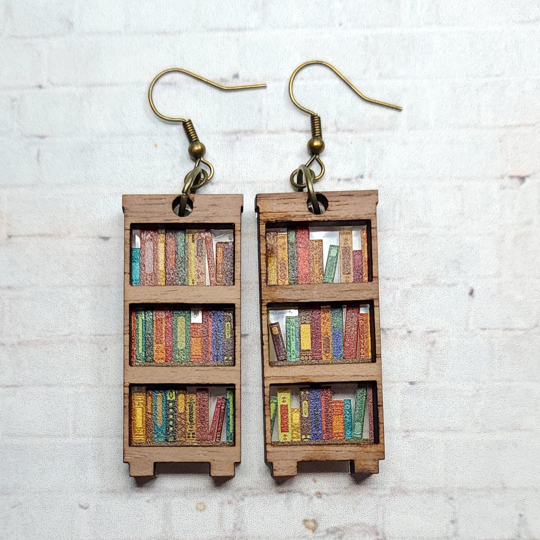 Bookshelf Earrings, Book Lover Earrings, Acrylic & Wood Earrings, Book