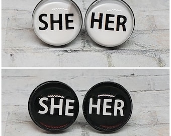 She Her Pronoun Earrings | 12MM Stud Earrings | LGBTQ+ Pride Gift | Pride Month Jewelry | Handmade Earrings | Gift for Her