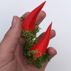 May include: Two vivid red, conical horns with a textured surface, encircled by bright green moss. The horns are held in a hand against a white backdrop. These horns are likely for a costume or decorative use.