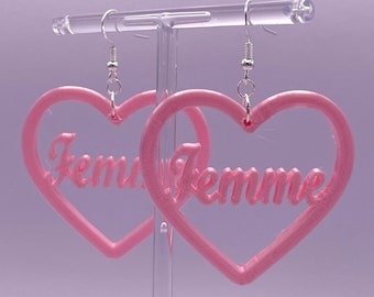 Femme Heart Earrings, 3D printed Earrings, Gift for Her, Gift for Girlfriend, Valentines Gift, Pink Earrings, Pride Earrings, Heart Earrings